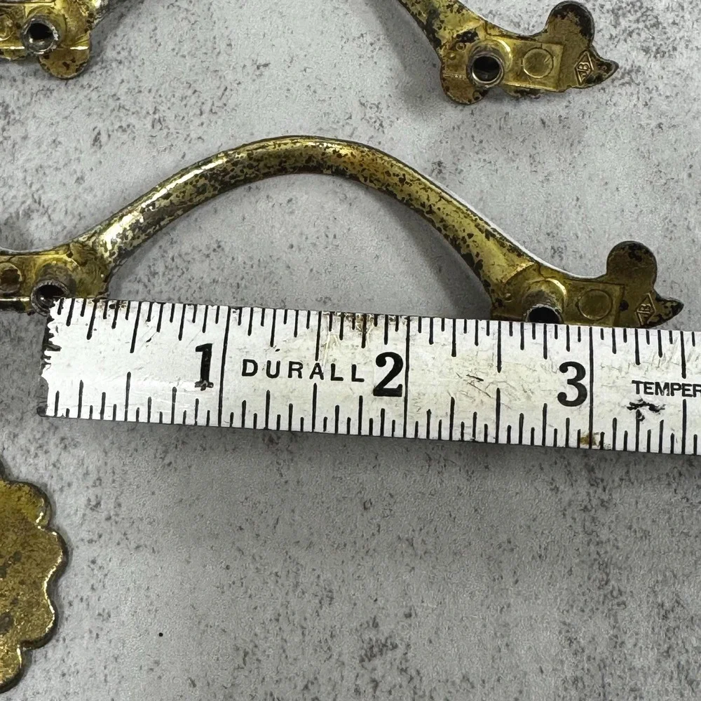 Vtg French Provincial Dresser Hardware: Brass & White Handles Knobs, Set of 6